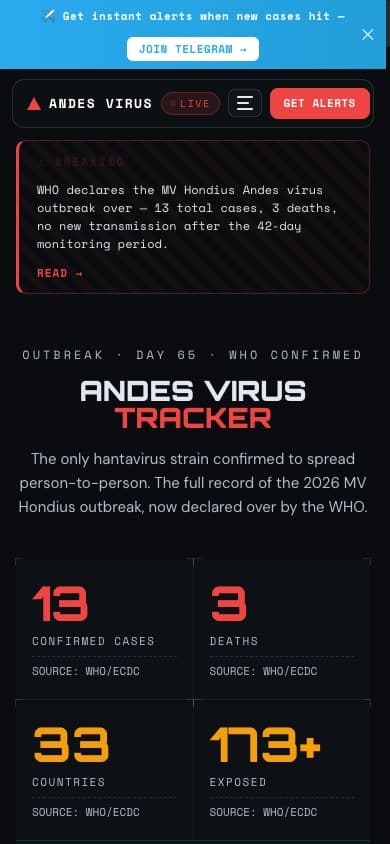 Andes Virus Tracker website on mobile