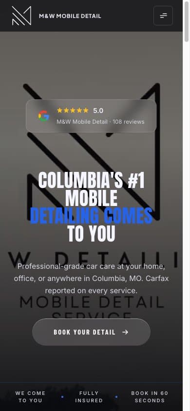 M&W Mobile Detailing website on mobile