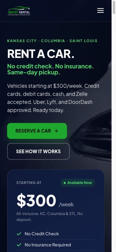 SB Car Rentals website on mobile