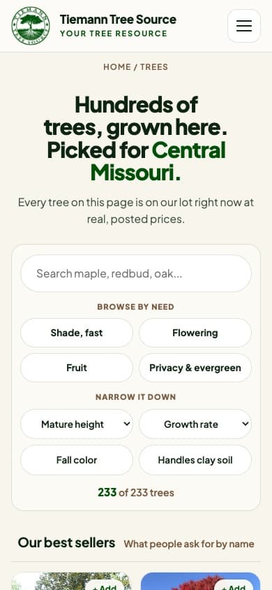 Tiemann Tree Source searchable tree catalog on mobile